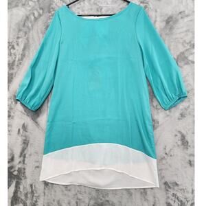 NEW Lulus Joyful Color Block Open Back Bow Crepe Shift Mini Dress M Blue White